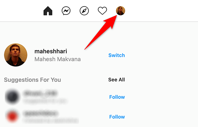 Нажмите значок профиля на сайте Instagram.