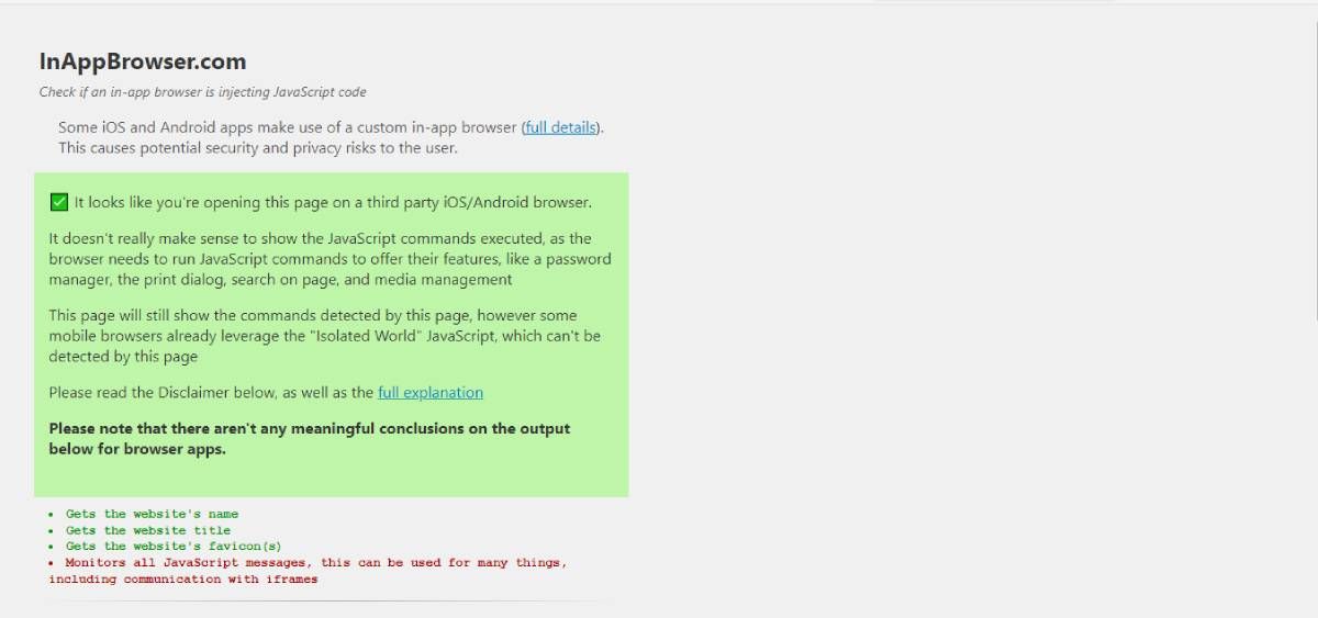 Скриншот отчёта InAppBrowser