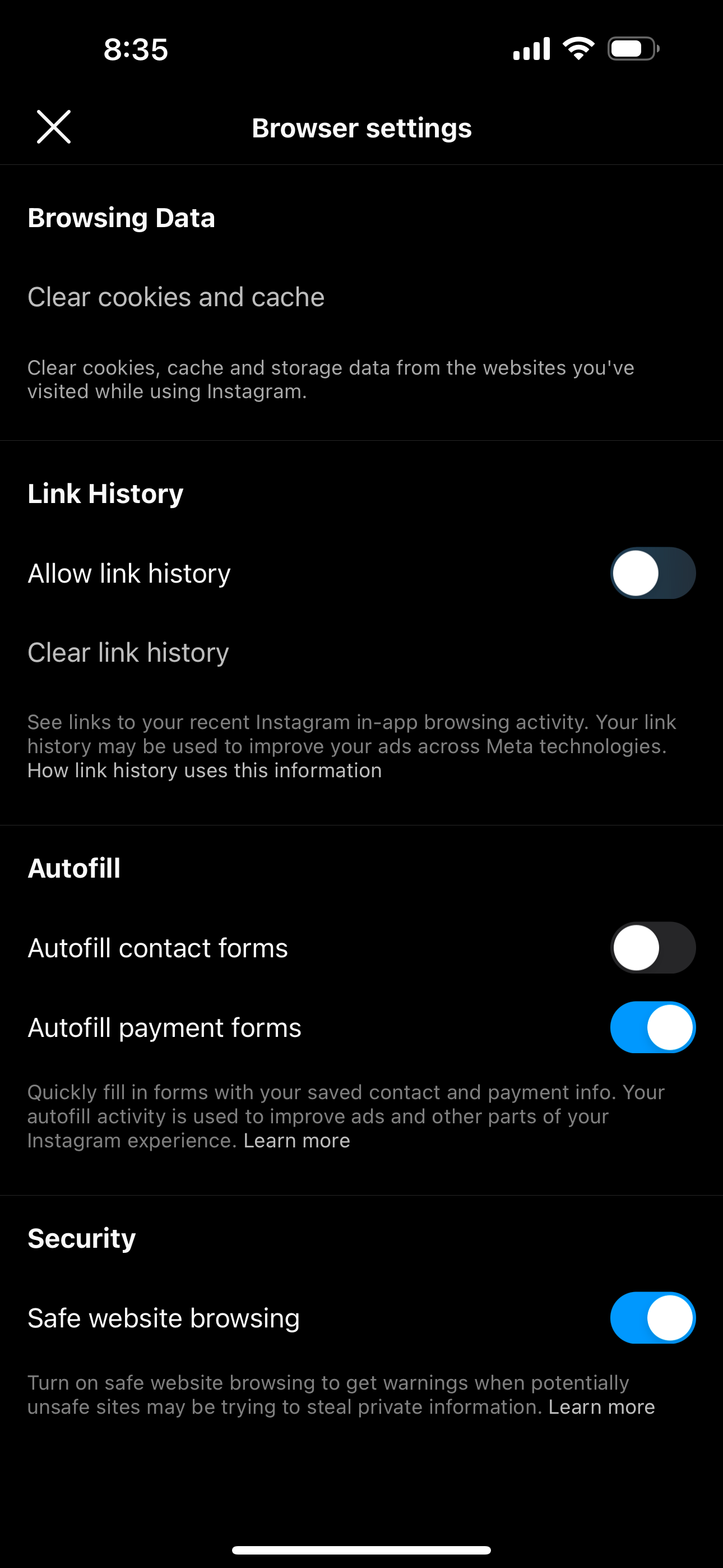 Instagram browser settings showing options for Link History