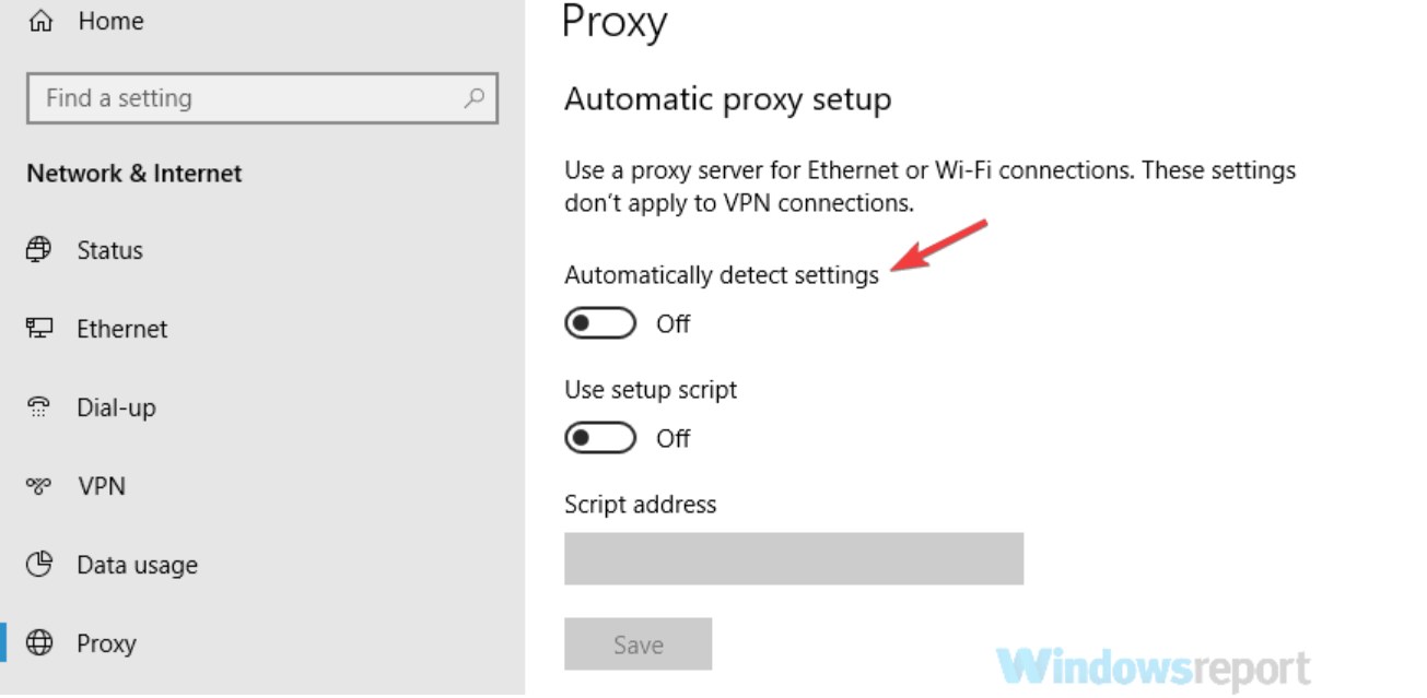 Снимок экрана: параметры автоматического определения прокси