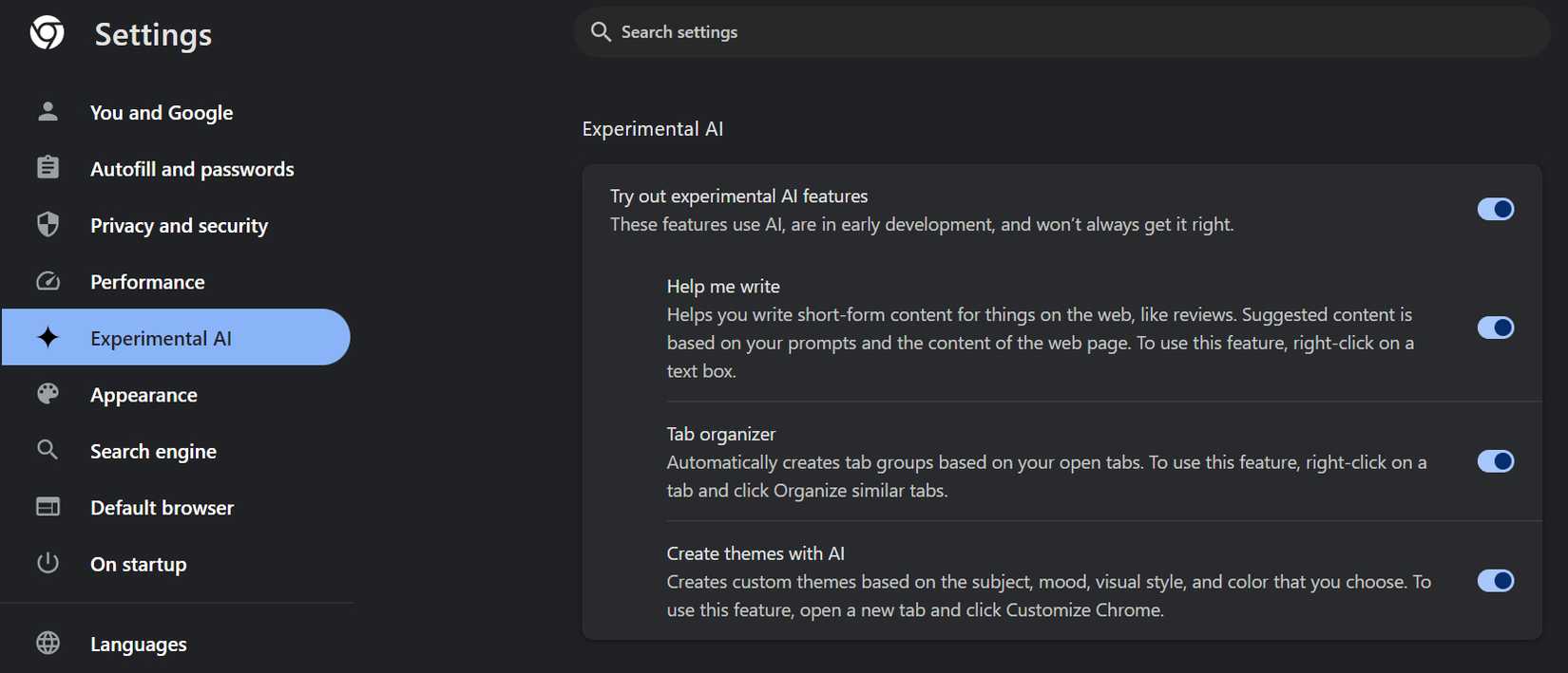 Enabling experimental AI in google chrome