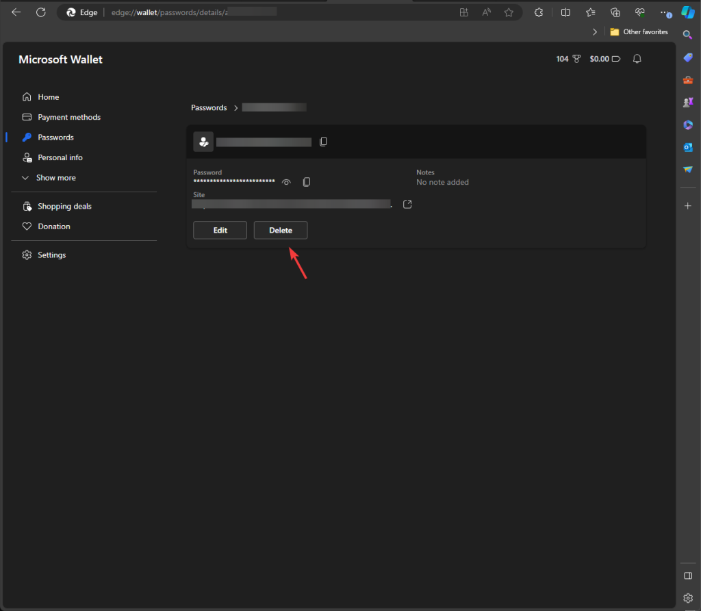 Удаление сохранённых паролей в Edge