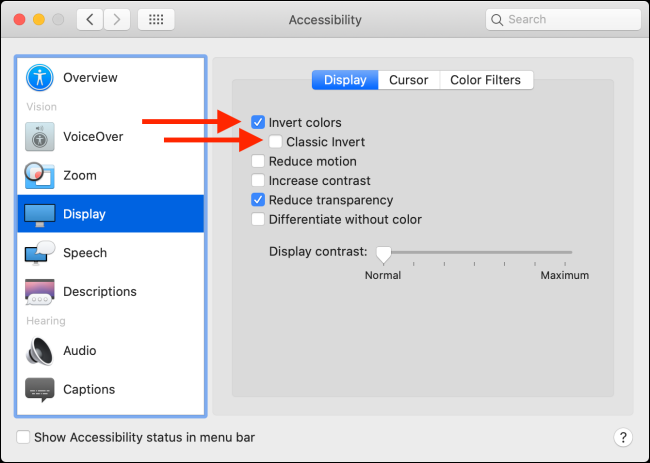 Опция Инверсия цветов в настройках Дисплея