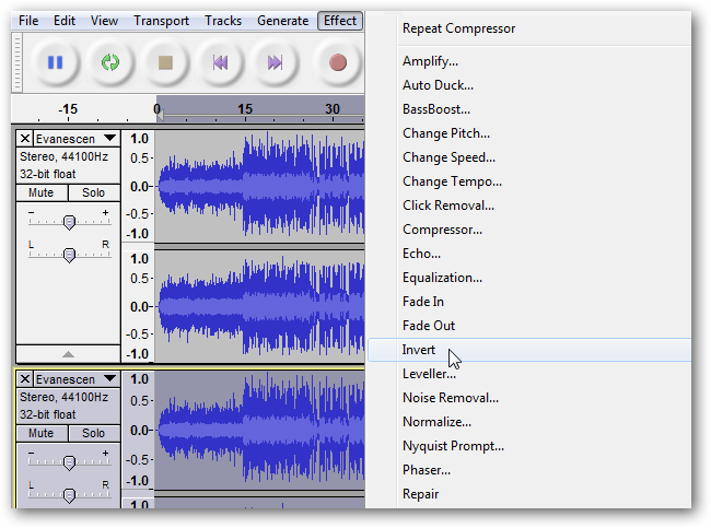 Menú Efecto > Invertir en Audacity