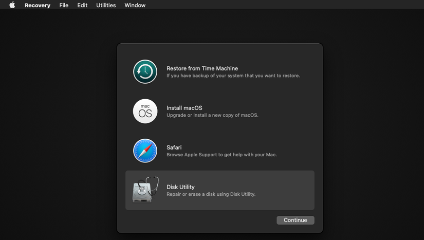 macOS Recovery: тёмный фон, экран восстановления с опциями