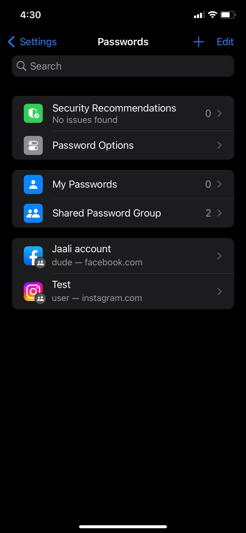 iPhone Shared Password Group Settings