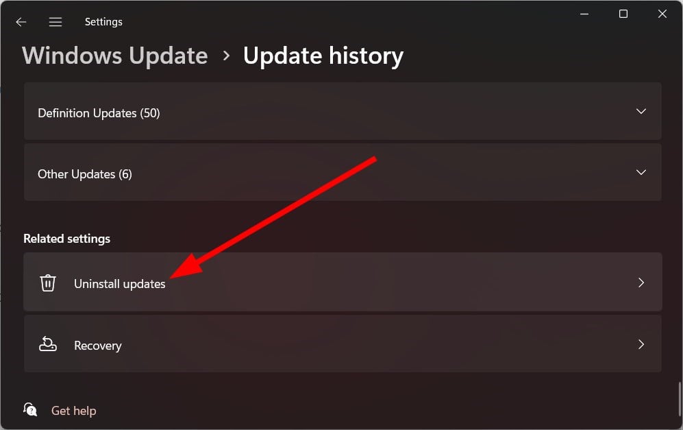Список установленных обновлений Windows