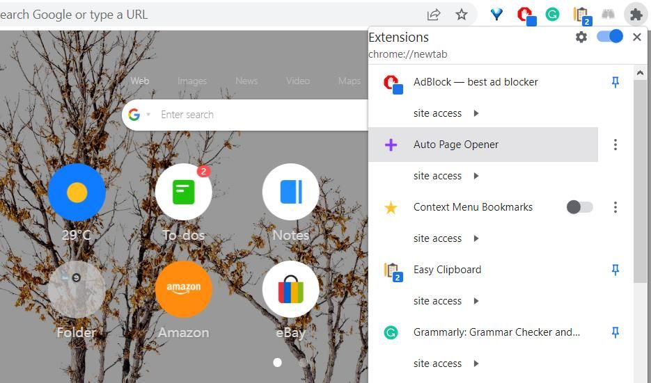Меню расширений в Chrome