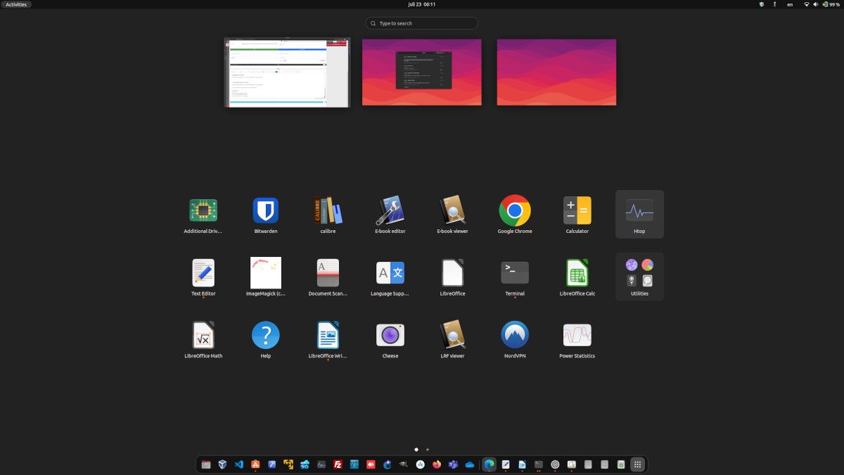 Обзор рабочих пространств в Ubuntu — показ двух рабочих столов