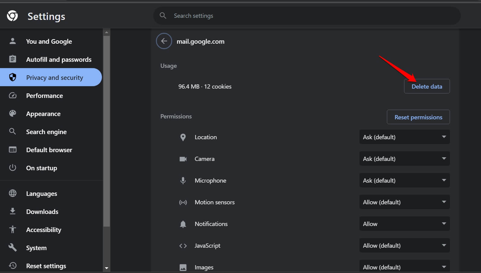 Кнопка удаления данных сайта Gmail в браузере