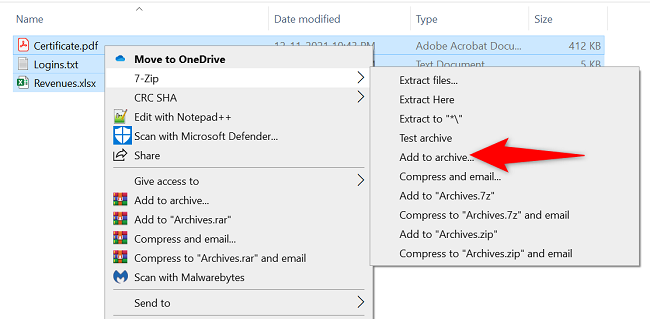 Контекстное меню — 7‑Zip: Добавить в архив.