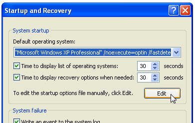 Кнопка Изменить в диалоге Параметры — быстрый доступ к boot.ini
