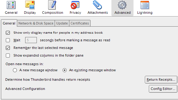 Редактор конфигурации Thunderbird