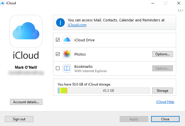 Скриншот настроек iCloud Control Panel