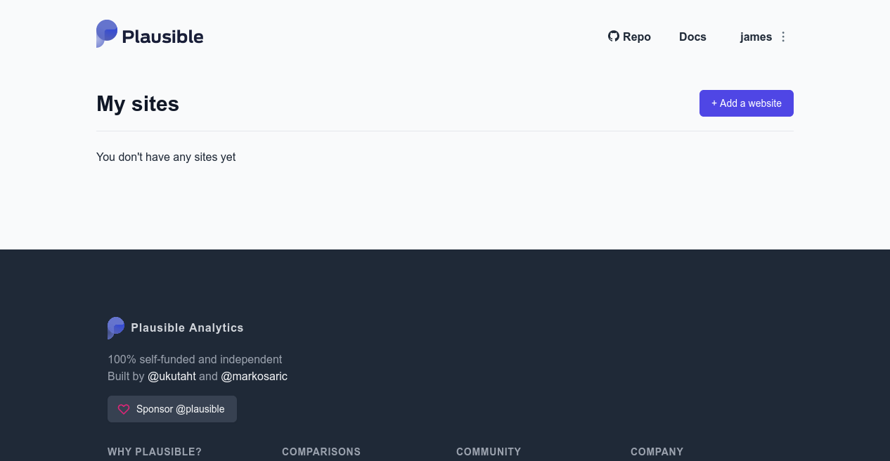 Пустой дашборд Plausible до добавления сайтов