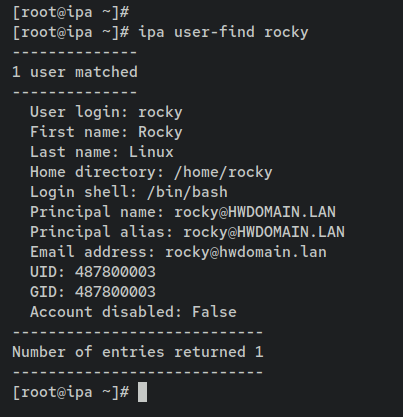 Проверка наличия пользователя rocky в FreeIPA