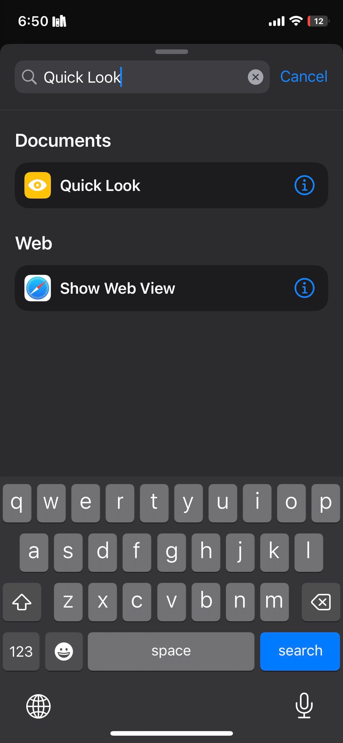 Поиск действия Быстрый просмотр