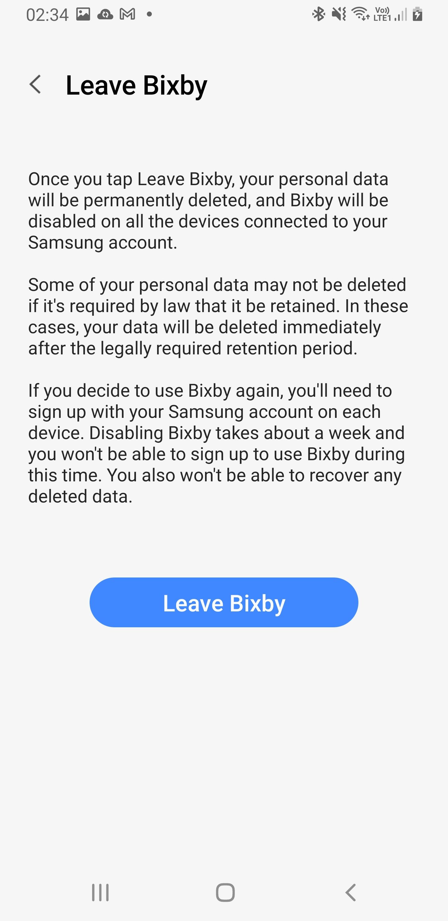 выход из Bixby в приложении Galaxy Wearable
