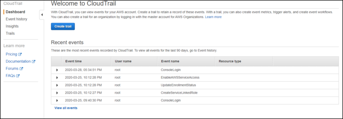 Панель CloudTrail с последними событиями