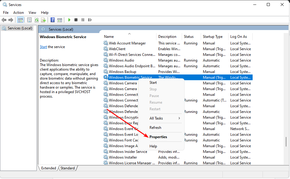 Свойства службы Windows Biometric
