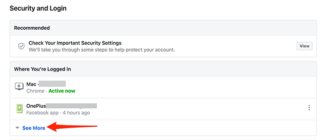 Нажмите «Показать еще» в секции «Где вы выполнены вход» на странице «Безопасность и вход»