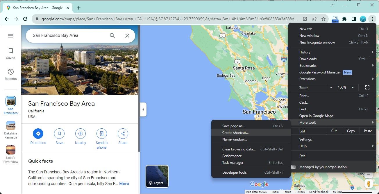 Окно создания ярлыка Google Maps в Chrome