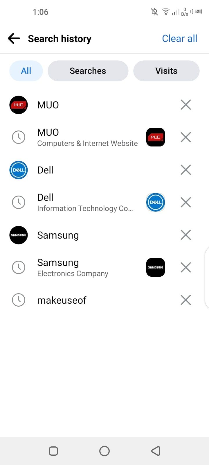 Список последних поисков в мобильном приложении Facebook