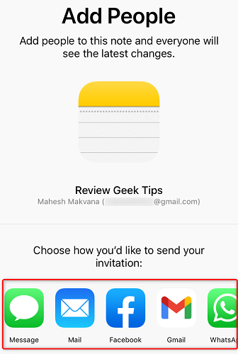 Экран добавления людей для совместной работы в Apple Notes