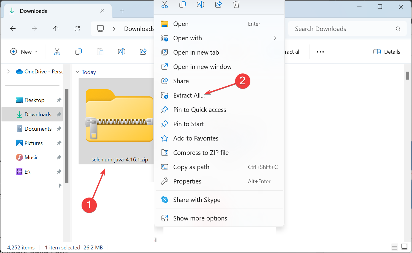 Окно: извлечь содержимое архива ZIP