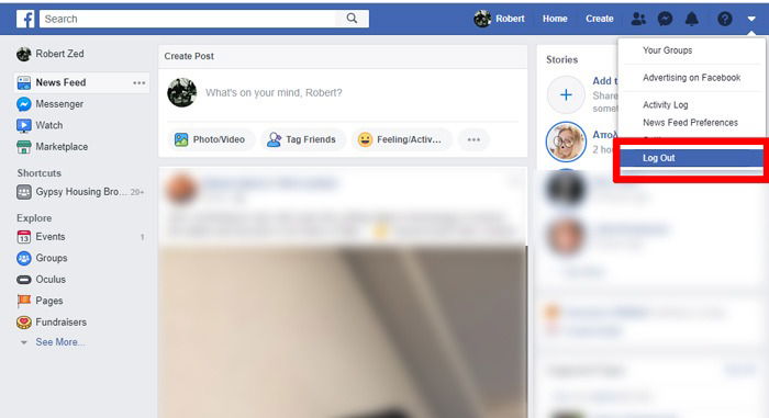 Кнопка «Выйти» в правом верхнем углу Facebook