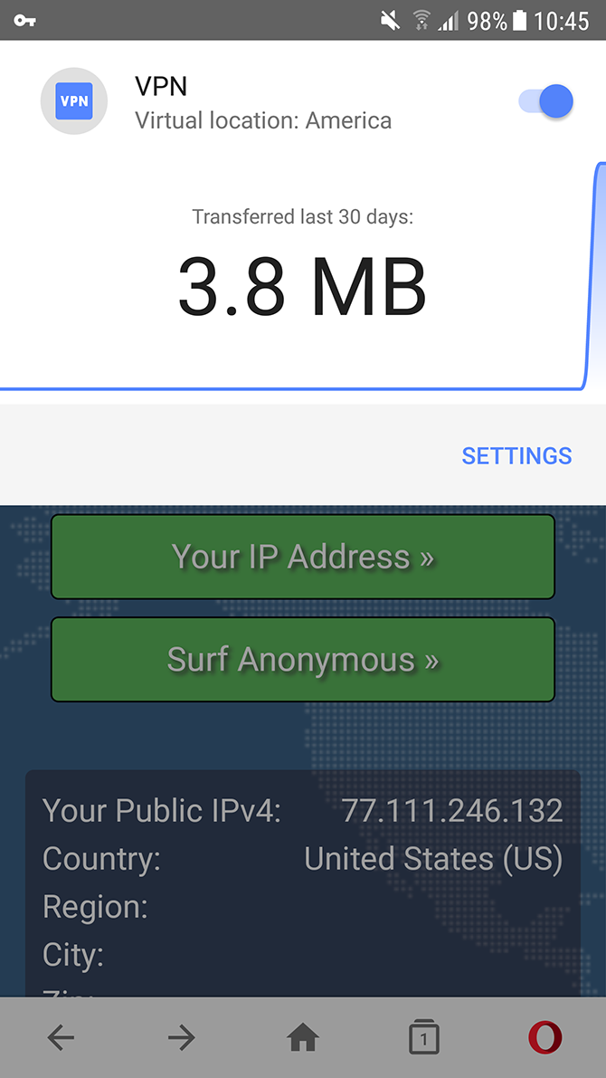 Выбор виртуального региона в Opera VPN