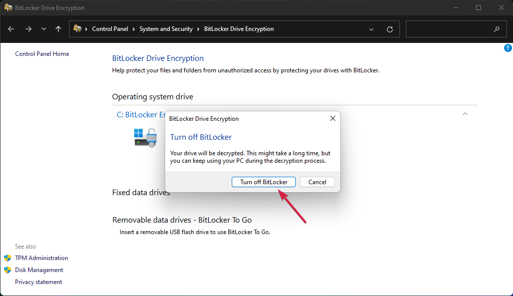 Подтверждение отключения BitLocker