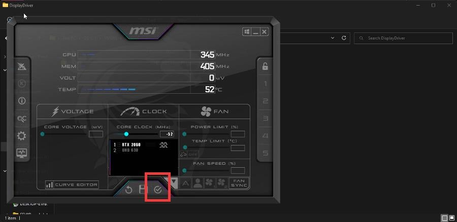 Применение настроек в MSI Afterburner