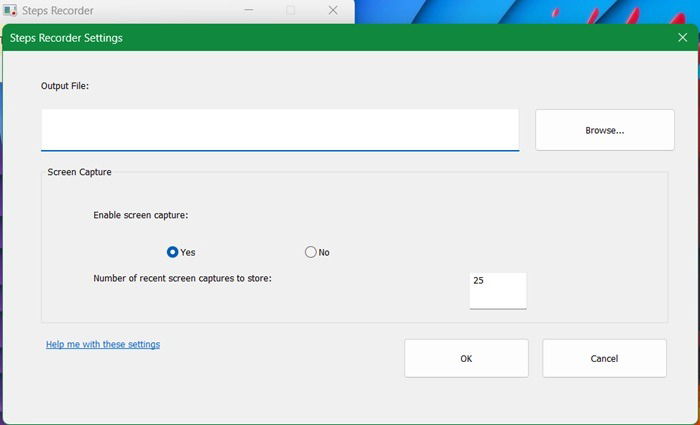 Настройки Steps Recorder в Windows