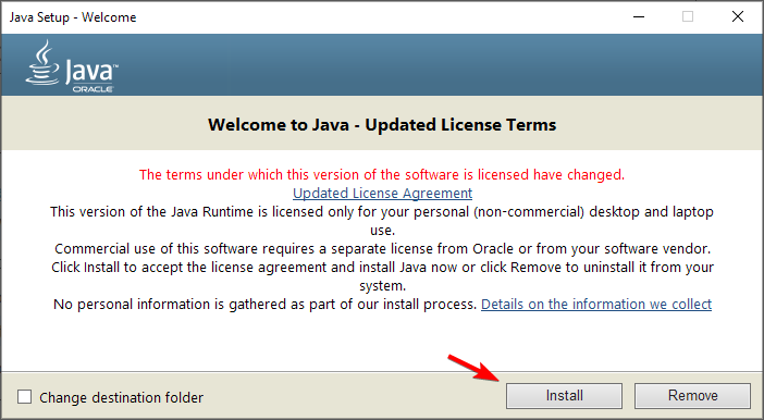 Мастер установки Java — кнопка Install