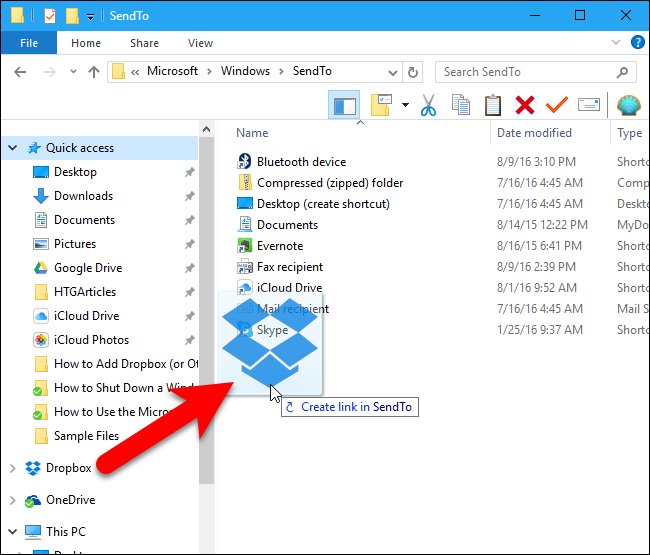Перетаскивание папки Dropbox в SendTo