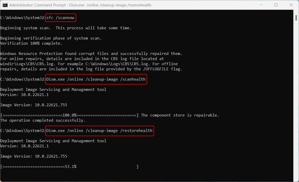 Индикаторы сканирования SFC и DISM