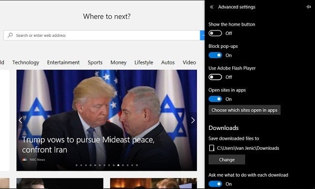 Снимок: настройки Adobe Flash в Edge