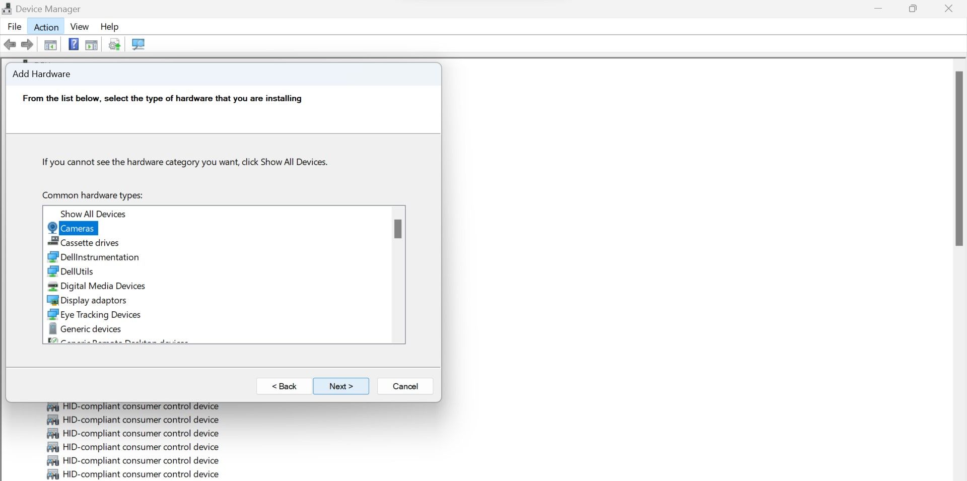 Выбор камеры в мастере добавления оборудования