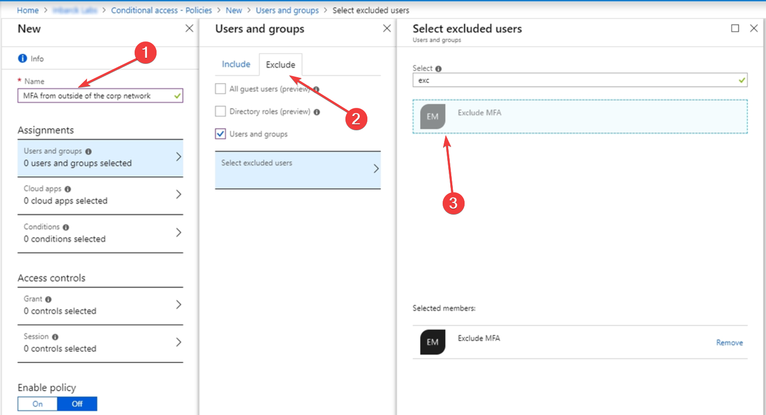 Исключение группы из политики условного доступа