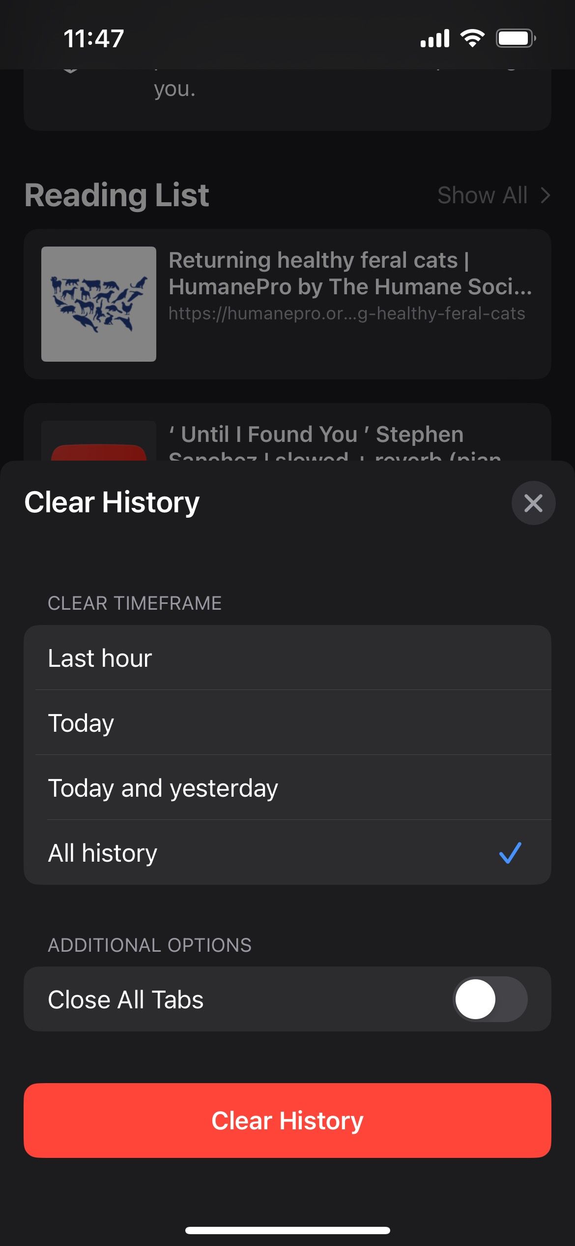 iphone safari clear history popup