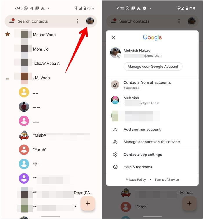 Выбор аккаунта в Google Контакты