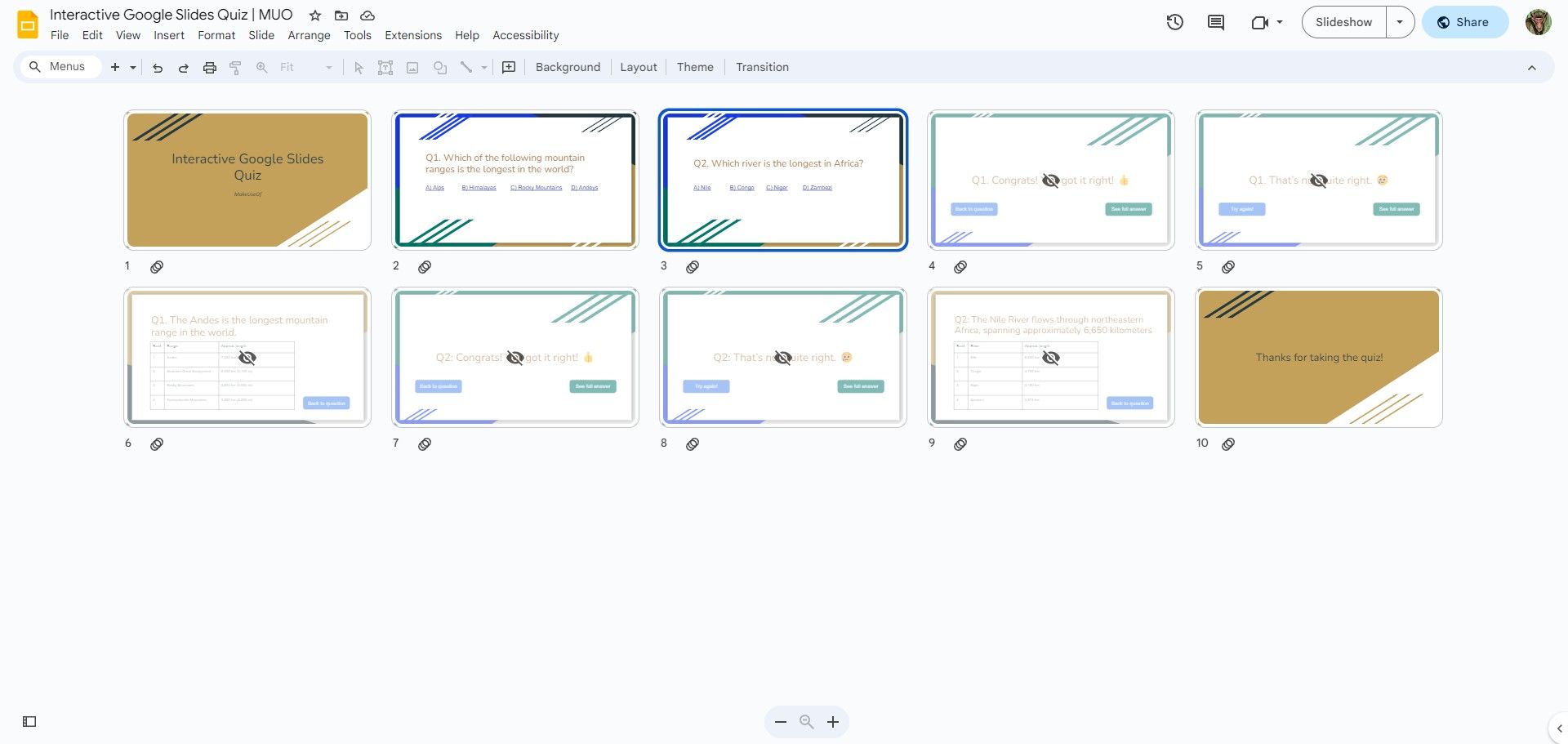 Упорядочивание слайдов для викторины в Google Slides