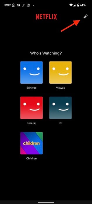 Экран управления профилями в мобильном приложении Netflix с иконкой редактирования