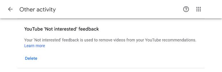 Страница Google Other Activity, раздел «YouTube Not interested feedback»