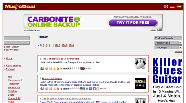 MusicGoal: меню с поиском по базе подкастов и радиоканалам