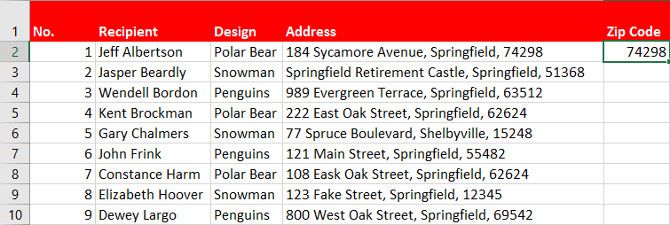 Колонка адресов и столбец для автоматического извлечения почтового индекса
