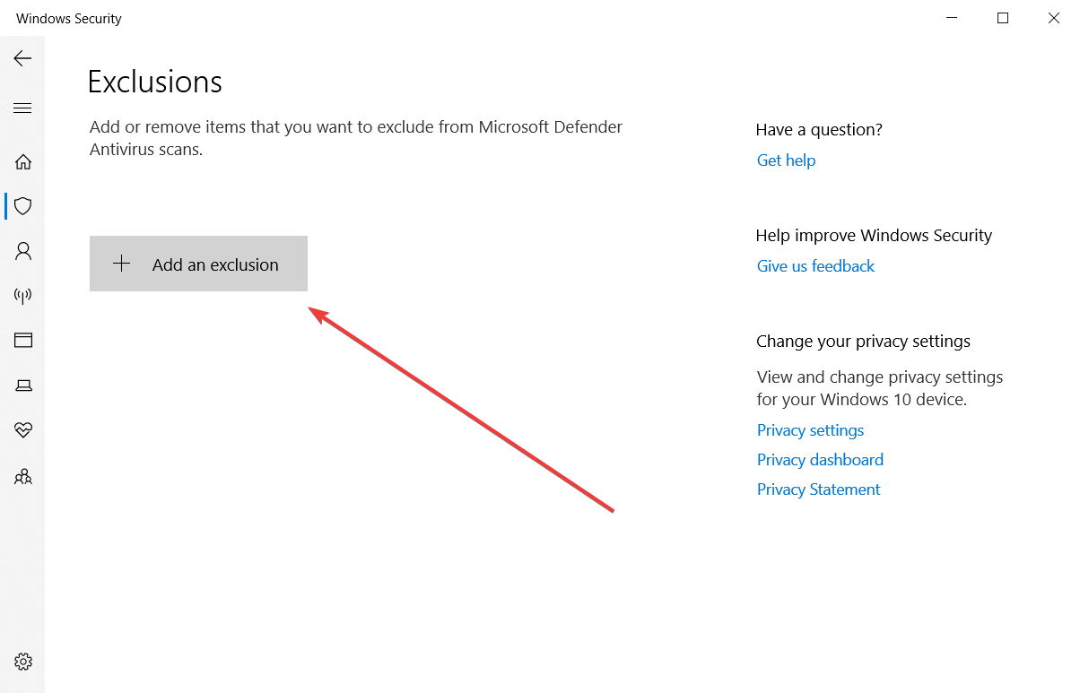 Добавление исключения: выбор папки