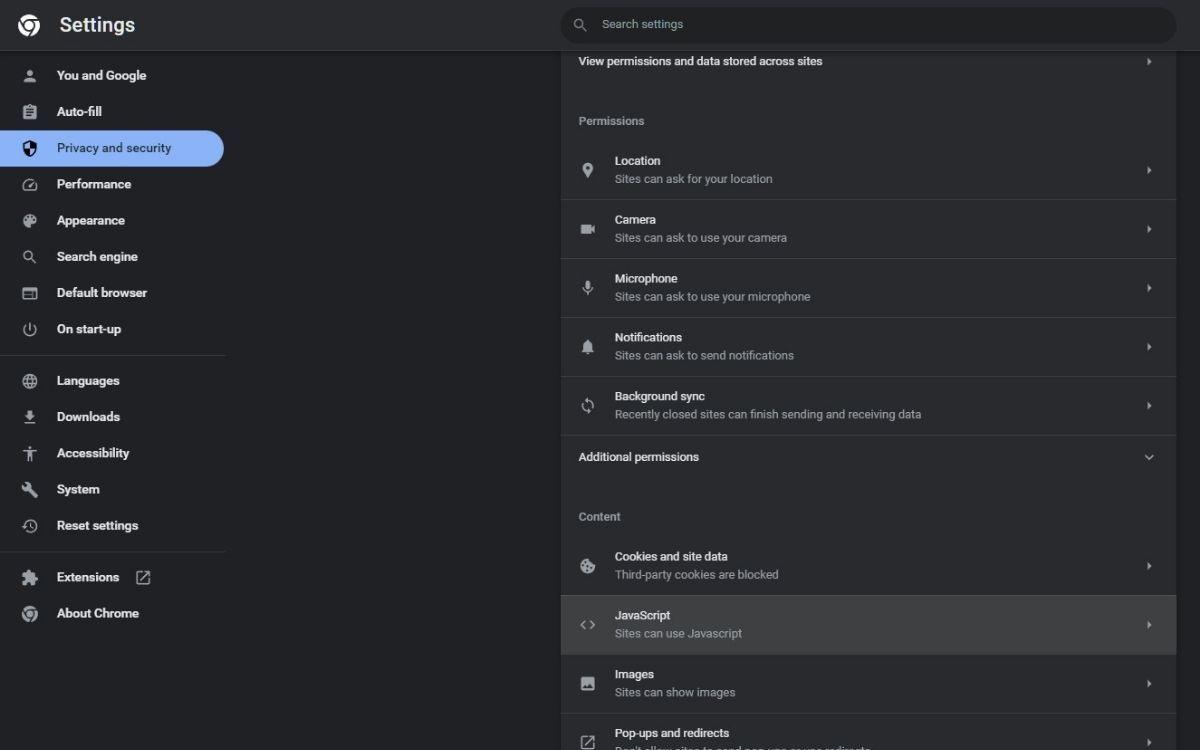 Снимок настройки JavaScript в Chrome