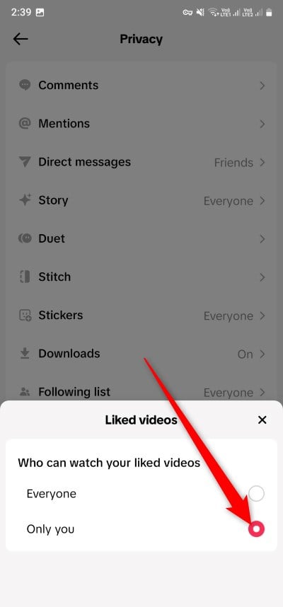 tiktok liked videos set to only you